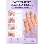 Grey‑Nude Medium‑Long Almond Press‑On Nails, Luxury Yellow Square Rhinestone Pearl Metal Decor Elegant False Nails